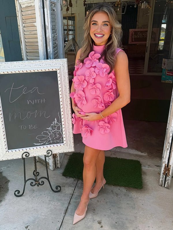 Pink 3d Flowers Sleeveless High Neck Baby Shower Maternity Mini Dress for Maternity