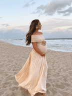 Apricot Off Shoulder Ruched Pleated Big Swing Maternity Baby Shower Maxi Dress for Maternity