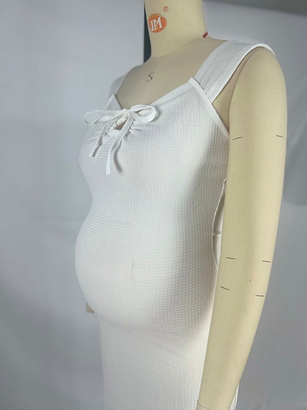 Smocked Bow Tie Side Slit Elegant Bodycon Vacation Beach Photoshoot Cute Baby Shower Maternity Maxi Dress for Maternity