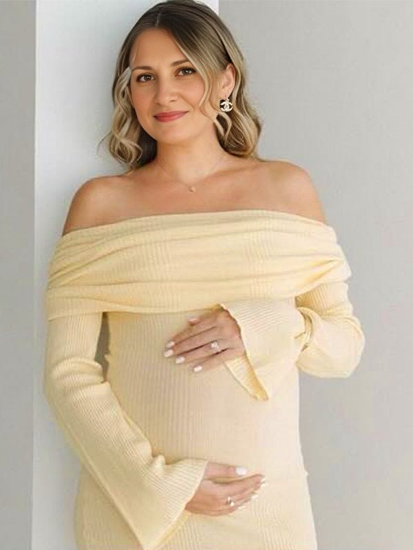 Yellow Knit Off Shoulder Flare Sleeve Mermaid Bodycon Elegant Vacation Photoshoot Baby Shower Maternity Maxi Dress for Maternity