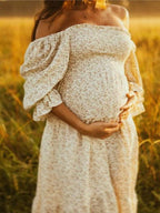 Ruffle Ruched High Waist Puff Sleeve Cute Photoshoot Western Maternity Maxi Dress for Maternity