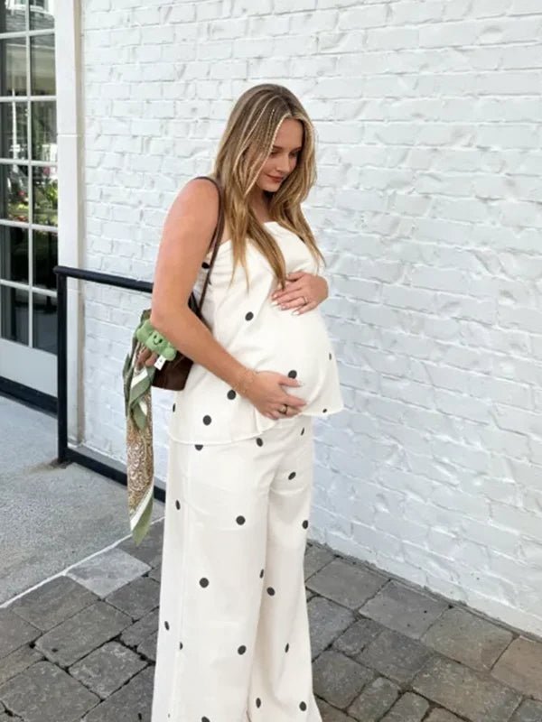 Sweet White Polka Dot Bandeau Two Piece Maternity Tank Top Wide Leg Pant for Maternity