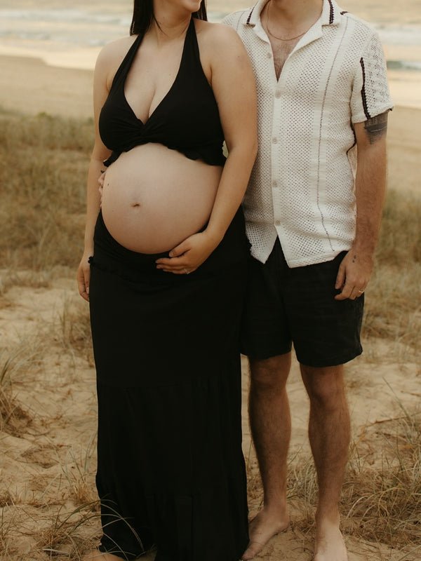 Black Halter Neck Ruched Two Piece Maternity Photoshoot Maxi Dress for Maternity