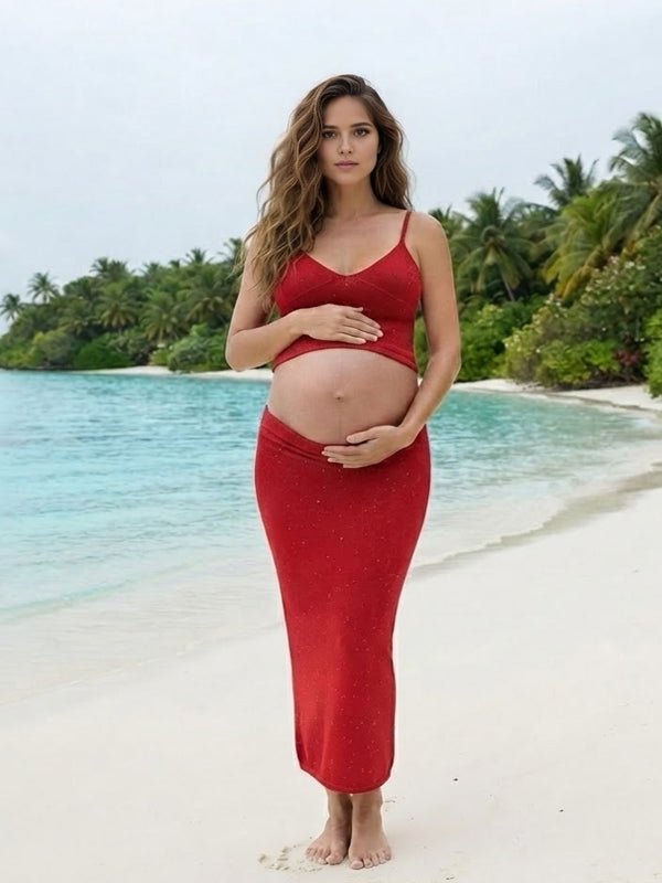 Sequin Spaghetti Strap Ruched Two Piece Maternity Photoshoot Maxi Dress for Maternity