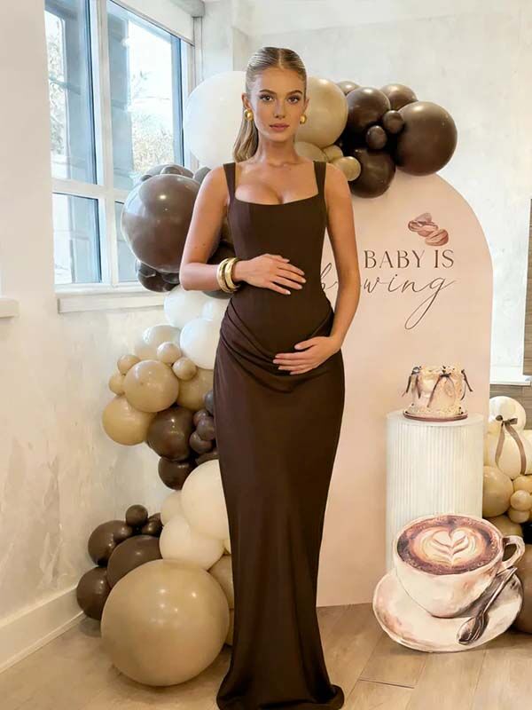Brown Ruched Bodice Lace-up Back Tank Bodycon Maternity Maxi Dress for Maternity