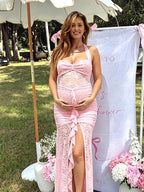 Halter Neck Ruffle Lace Side Slit Ruched Maternity Baby Shower Maxi Dress for Maternity