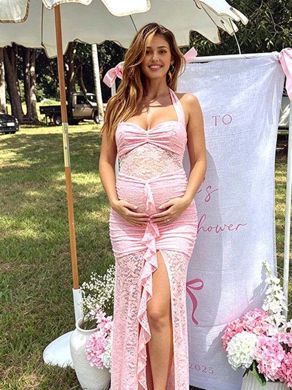 Halter Neck Ruffle Lace Side Slit Ruched Maternity Baby Shower Maxi Dress for Maternity