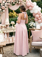Halter Neck Open Back Flannel Dress Maternity Baby Shower Maxi Dress for Maternity