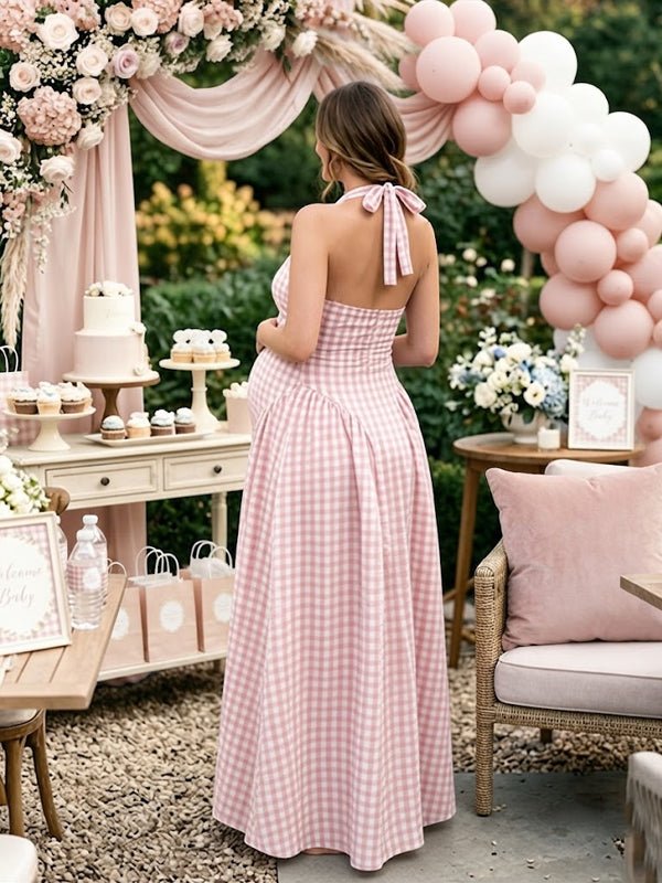 Halter Neck Open Back Flannel Dress Maternity Baby Shower Maxi Dress for Maternity