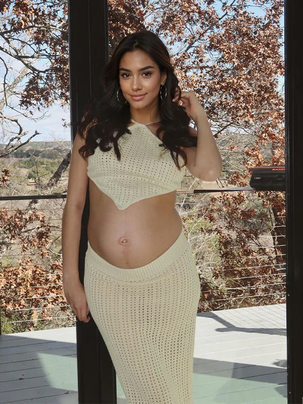 Beige 2 Piece Halter Neck Crochet Fashion Beach Vacation Bodycon Maternity Maxi Dress for Maternity