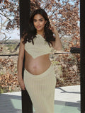Beige 2 Piece Halter Neck Crochet Fashion Beach Vacation Bodycon Maternity Maxi Dress for Maternity