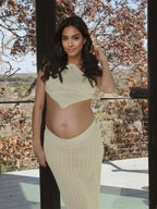 Beige 2 Piece Halter Neck Crochet Fashion Beach Vacation Bodycon Maternity Maxi Dress for Maternity