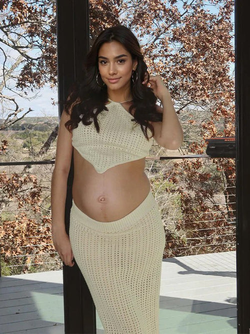 Beige 2 Piece Halter Neck Crochet Fashion Beach Vacation Bodycon Maternity Maxi Dress for Maternity
