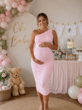 Elegant Ruched Oblique Shoulder Bodycon Baby Shower Maternity Madi Dress for Maternity