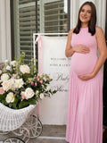 Round Neck Ruched Draped Curved Drop Waist Bodycon Baby Shower Maternity Maxi Dress for Maternity