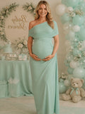 Green Oblique Shoulder Ruched Bodycon Backless Maternity Baby Shower Maxi Dress for Maternity
