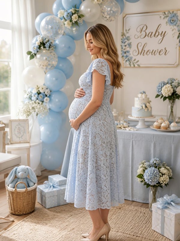 Lace High Waisted Backless Puff Sleeve A-line Maternity Baby Shower Midi Dress for Maternity