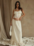 Ivory-white Falbala Spaghetti Stra Drawstring Two Piece Fashion Bodycon Vacation Photoshoot Maternity Midi Dress for Maternity