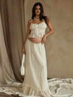 Ivory-white Falbala Spaghetti Stra Drawstring Two Piece Fashion Bodycon Vacation Photoshoot Maternity Midi Dress for Maternity