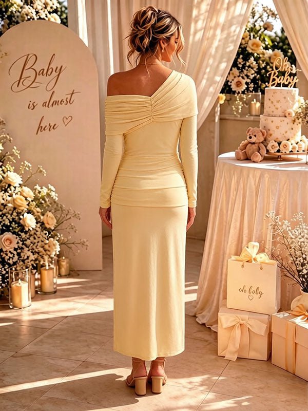 Elegant Yellow Off Shoulder Side Draped Lace-up Ruched Mermaid Maternity Baby Shower Maxi Dress for Maternity