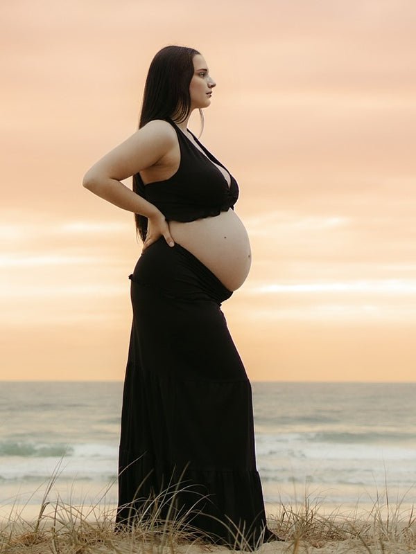 Black Halter Neck Ruched Two Piece Maternity Photoshoot Maxi Dress for Maternity