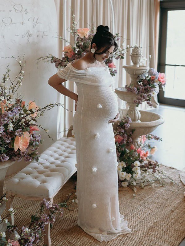 White Off Shoulder 3d Flowers Grenadine Sheer Bodycon Elegant Beach Photoshoot Baby Shower Maternity Maxi Dress for Maternity