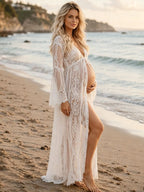 White Boho Lace Cover-up Bikini Smock Maternity Photoshoot Midi Dress for Maternity