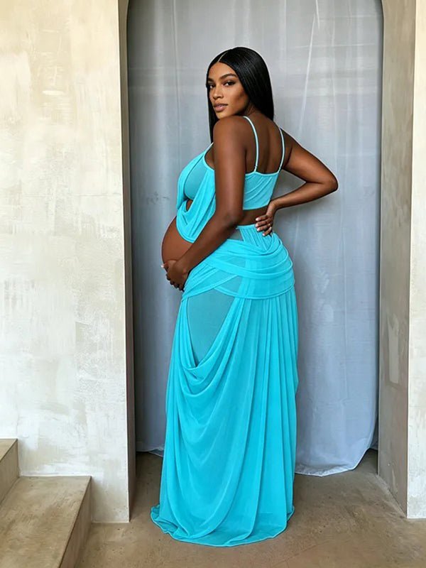 Spaghetti Straps Sheer Two Piece Irregular Tiered With Side Draped Maternity Baby Shower Maxi Dress for Maternity