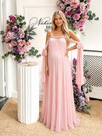 Pink Off Shoulder Lace Up Big Swing Backless Maternity Baby Shower Maxi Dress for Maternity