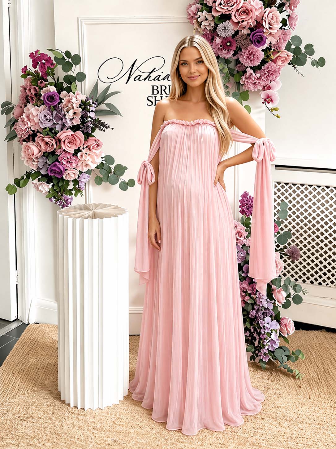 Pink Off Shoulder Lace Up Big Swing Backless Maternity Baby Shower Maxi Dress for Maternity
