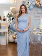 Chic Off Shoulder Side Draped Ribbons Mesh Bodycon Baby Shower Maternity Maxi Dress for Maternity