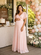 Elegant Pink Flare Sleeve Tulle A-line Flowy Baby Shower Maternity Maxi Dress for Maternity