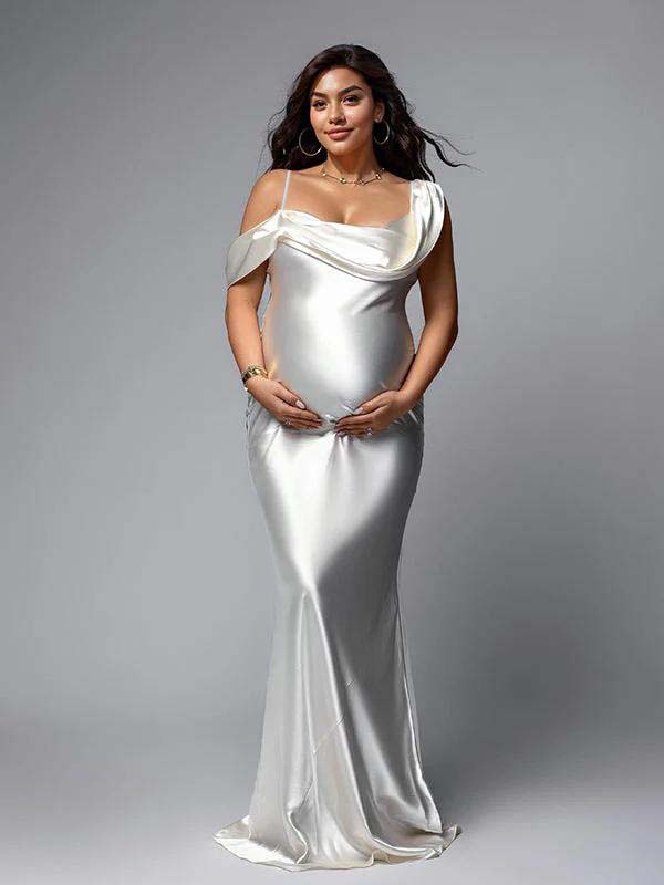 White One Off Shoulder Silk Satin Backless Mermaid Photoshoot Evening Gown Baby Shower Maternity Maxi Dress for Maternity