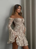 White Lace Off Shoulder Bow Drawstring Ruffle Flare Sleeve Elegant Baby Shower Maternity Mini Dress for Maternity