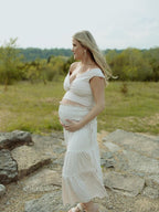 Ivory White Two Piece Set Off Shoulder Ruffle Falbala Bodycon Elegant Maternity Boho Photoshoot Baby Shower Maxi Dress for Maternity