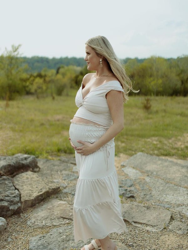 Ivory White Two Piece Set Off Shoulder Ruffle Falbala Bodycon Elegant Maternity Boho Photoshoot Baby Shower Maxi Dress for Maternity