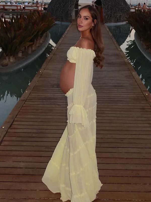 Yellow Off Shoulder Ruffle Crop Big Swing Two Piece Set Maternity Maxi Dress for Maternity
