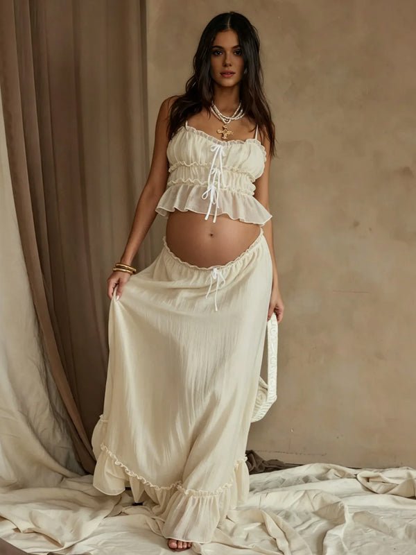 Ivory-white Falbala Spaghetti Stra Drawstring Two Piece Fashion Bodycon Vacation Photoshoot Maternity Midi Dress for Maternity