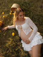White Lace Sheer Lace Up Tulle Skirt Two Piece Maternity Photoshoot Maxi Dress for Maternity