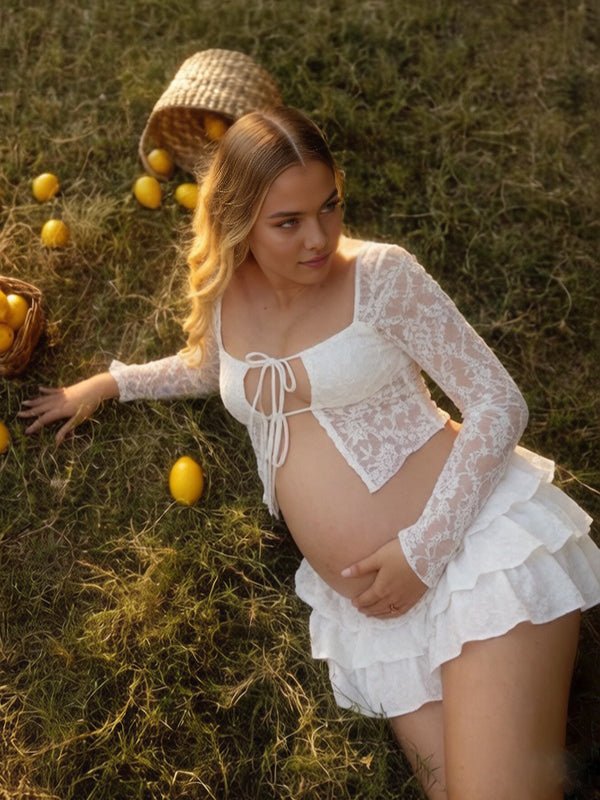 White Lace Sheer Lace Up Tulle Skirt Two Piece Maternity Photoshoot Maxi Dress for Maternity
