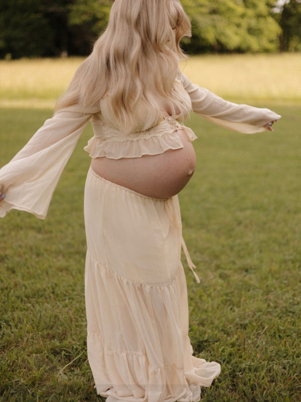 Apricot Lace Ruffle Splicing Lace Up Button Two Piece Photoshoot Maternity Maxi Dress for Maternity