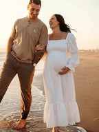 White Ruffle Ruched High Waist Puff Sleeve Cute Photoshoot Maternity Maxi Dress for Maternity