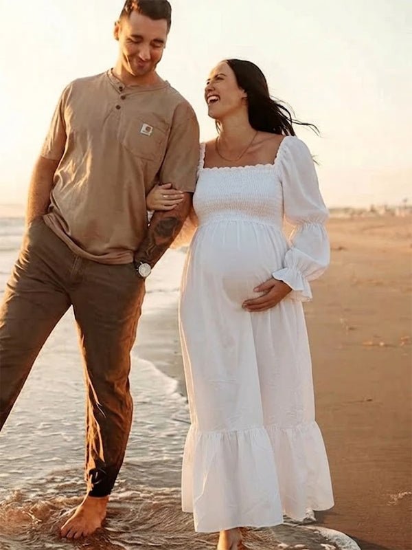 White Ruffle Ruched High Waist Puff Sleeve Cute Photoshoot Maternity Maxi Dress for Maternity