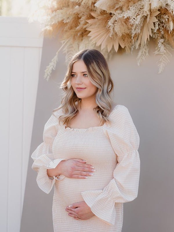 Ruffle Off Shoulder Long Sleeve Bodycon Baby Shower Maternity Midi Dress for Maternity