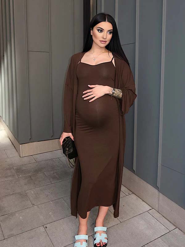 Knit Tank Long Cardigan Two Piece Maternity Photoshoot Maxi Dress for Maternity