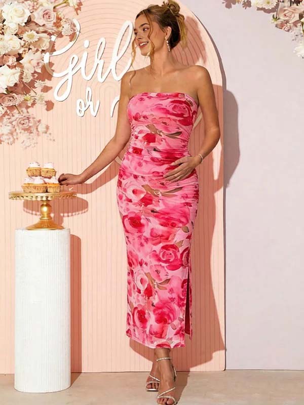 Chic Pink Floral Bandeau Bodycon Side Slit Baby Shower Maternity Maxi Dress for Maternity