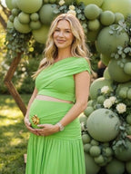 Green Oblique Shoulder Ruched Ribbon Two Piece Maternity Baby Shower Maxi Dress for Maternity