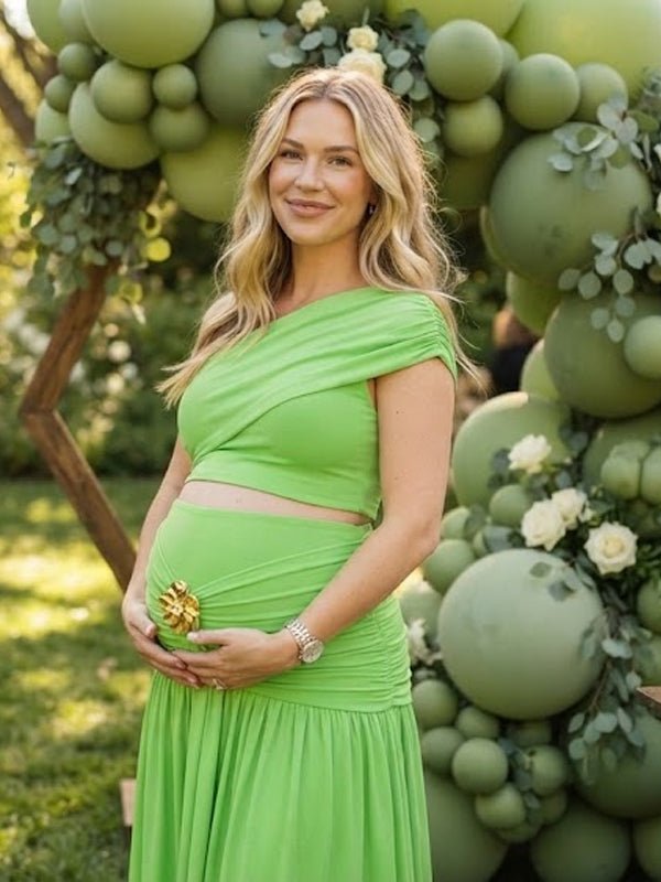 Green Oblique Shoulder Ruched Ribbon Two Piece Maternity Baby Shower Maxi Dress for Maternity