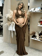 Brown Tow Piece Ruched Halter V Neck Backless Bodycon Elegant Maternity Baby Shower Maxi Dress for Maternity