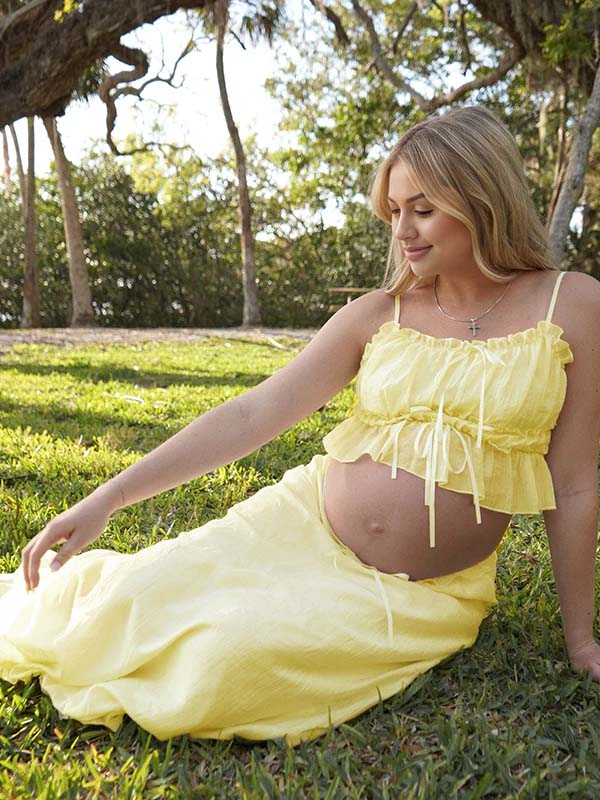 Yellow Ruffle Ruched Lace-up Cami Big Swing Two Piece Set Maternity Maxi Dress for Maternity